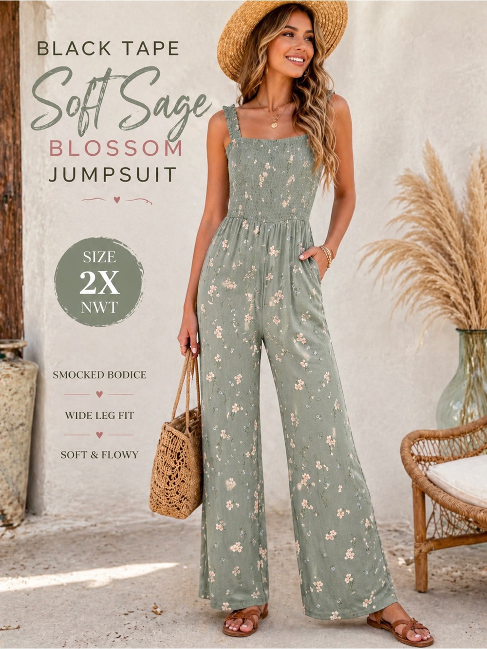 Black Tape Soft Sage Blossom Smocked Jumpsuit NWT Size 2X Wide Leg Boho